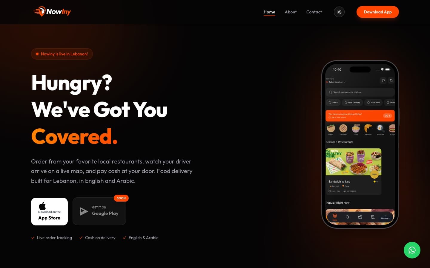 Nowlny homepage: black and orange hero reading 'Hungry? We've Got You Covered' beside a phone showing the restaurant feed