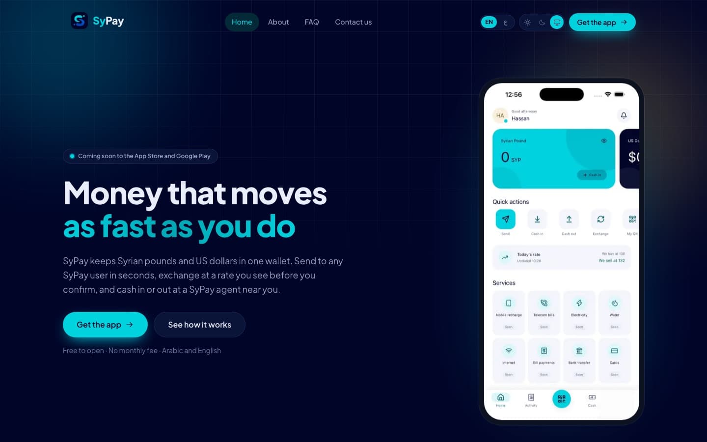 SyPay homepage: dark navy hero reading 'Money that moves as fast as you do' beside a phone showing the wallet's balance and quick actions